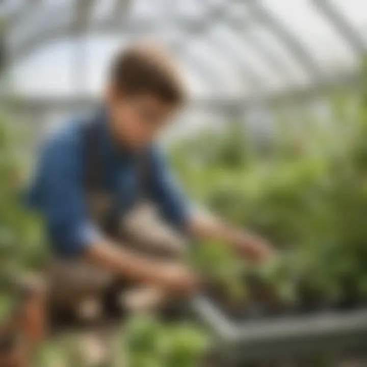 Young boy examining plant growth in a DIY greenhouse project