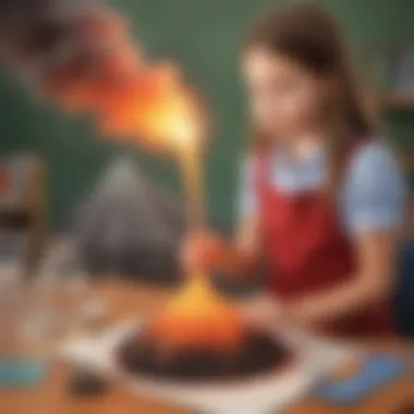 Elementary school girl observing a mini volcano eruption experiment