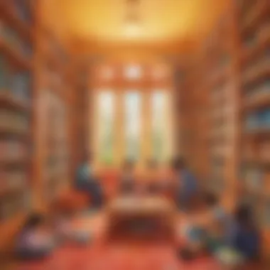 Illustration of diverse characters reading in a colorful library