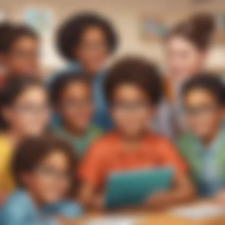 Illustration showing diverse elementary students benefiting from language arts apps