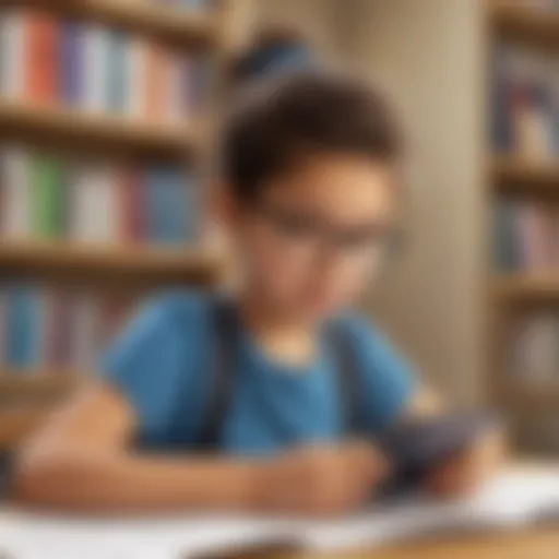 Illustration of a young student engaging with a language arts app