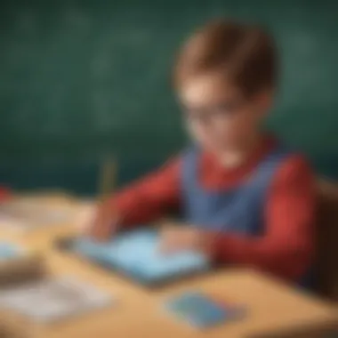 Illustration of a child engaging with interactive math quiz on a tablet