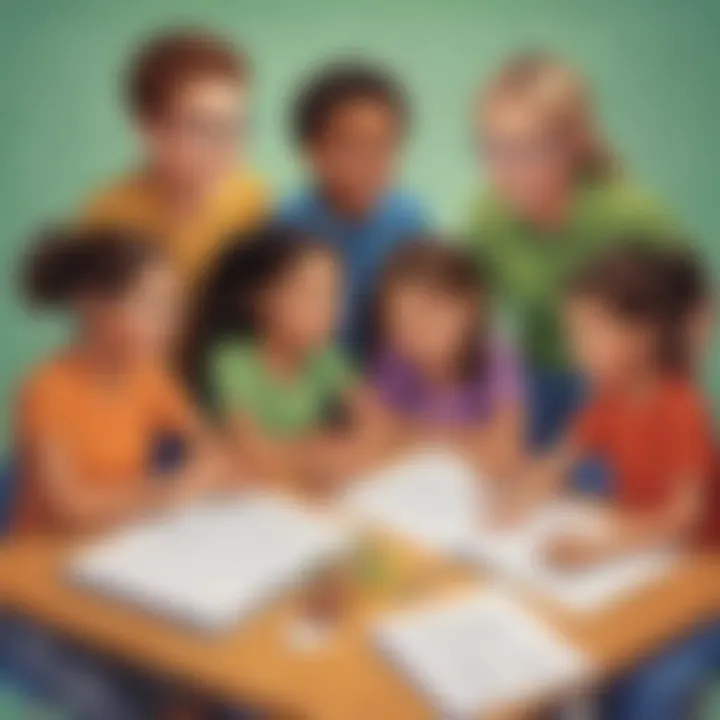 Illustration of a diverse group of elementary school children learning math facts together