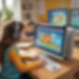 A vibrant online learning environment showcasing young students engaging with interactive screens.