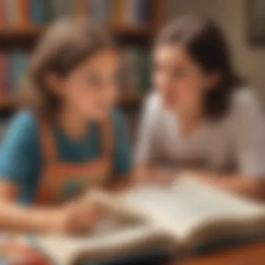 A parent and child discussing a book