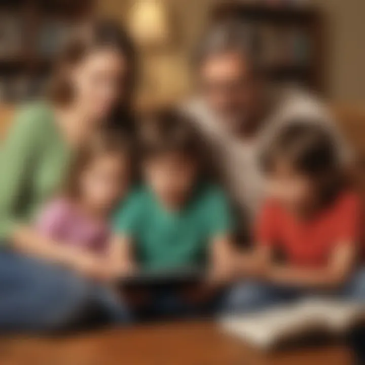 Parents and children interacting with an e-reader, discussing a story together.