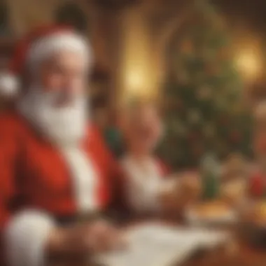 A whimsical depiction of Santa Claus and comedic elves in a holiday setting