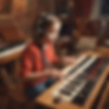 Child playing a virtual music game with various instruments