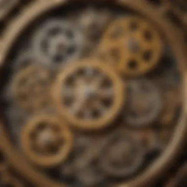 Close-up of gears inside a vintage mechanical clock