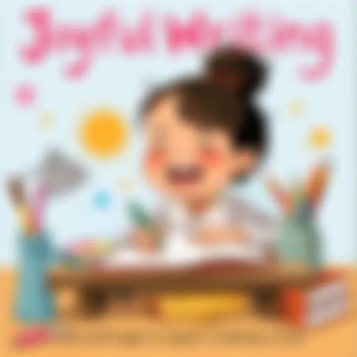 A child writing joyfully at a desk surrounded by art supplies