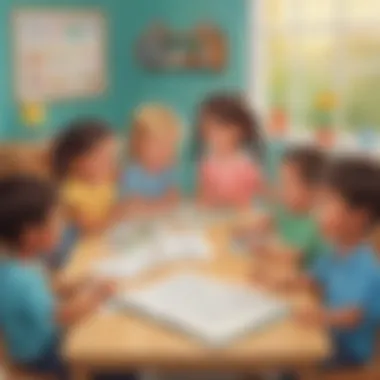 Illustration of a group of kindergarten students participating in a CVC word reading game