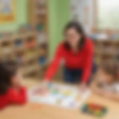 Illustration of a teacher demonstrating a CVC word blending exercise to kindergarten students