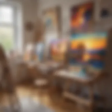 A cozy art studio setting with easels and finished artworks