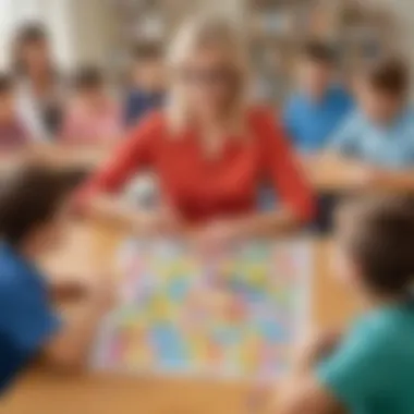 A teacher guiding young learners through multiplication bingo cards