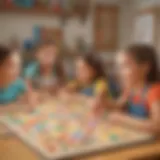 A vibrant classroom scene with children engaged in a multiplication board game