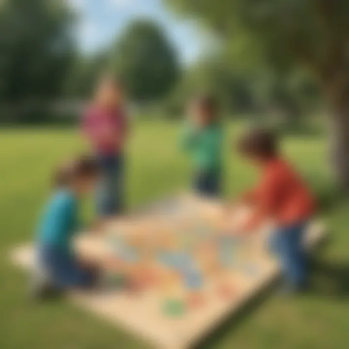 Fun outdoor activity where children are solving multiplication puzzles