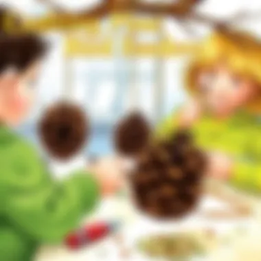 Crafting Pine Cone Bird Feeders Young artists crafting bird feeders from pine cones and seeds