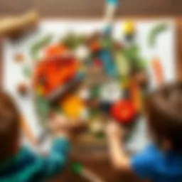 Preschoolers creating a colorful earth collage with natural materials