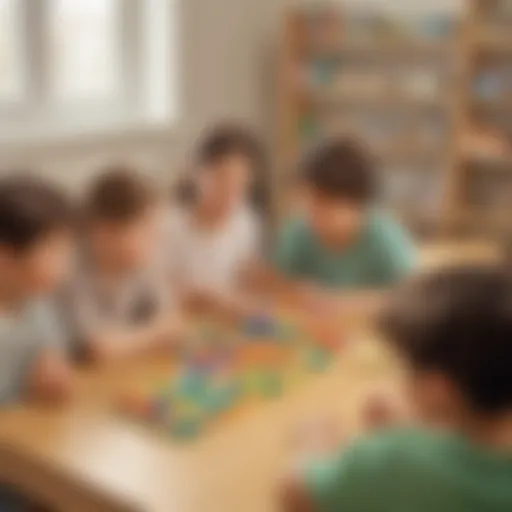 Illustration showing elementary school children engaging with tens blocks in a math activity