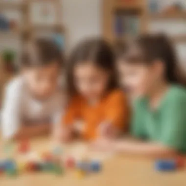 Illustration depicting elementary school children using tens blocks for problem-solving and critical thinking