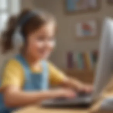 Illustration of a happy kindergarten child mastering skills through a PC game