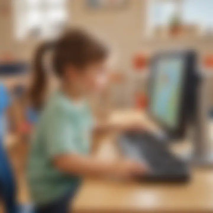 Illustration of a kindergarten child playing an educational PC game