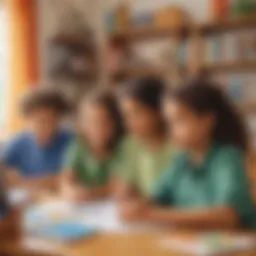 A diverse group of children engaged in various learning activities at home