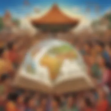 Global Explorations Illustration of an educational book showcasing diverse cultures and traditions