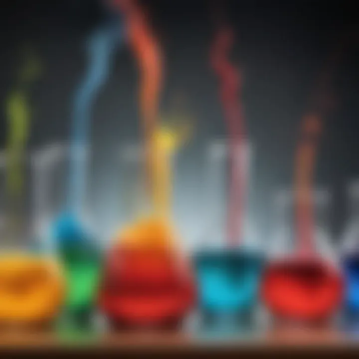 Dynamic Chemical Reactions Colorful chemical reactions taking place in glass beakers during a chemistry demonstration.