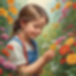 Illustration of a child gathering flowers with a quote about appreciation