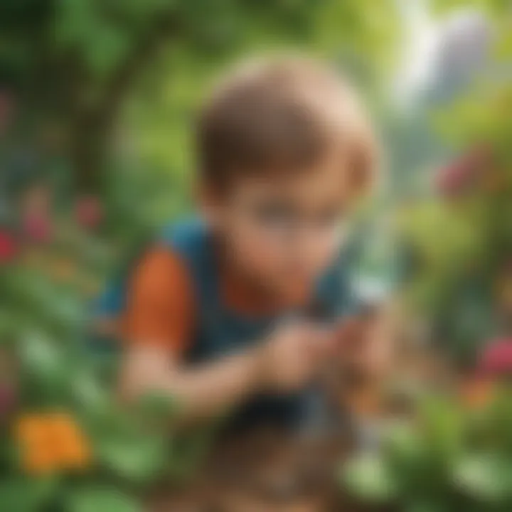 Child with a magnifying glass exploring a vibrant garden