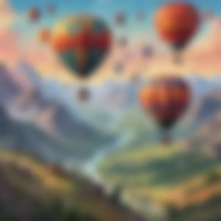 Colorful hot air balloons flying over a mountain landscape