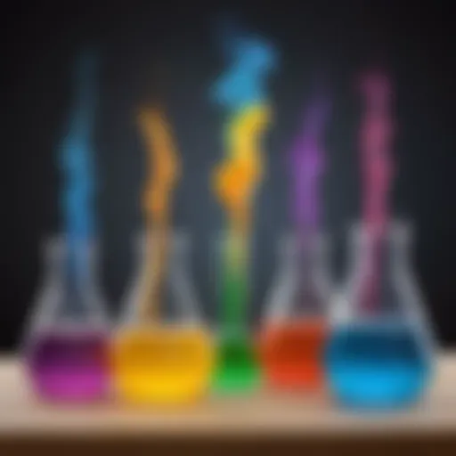 Colorful chemical reaction in glass beakers