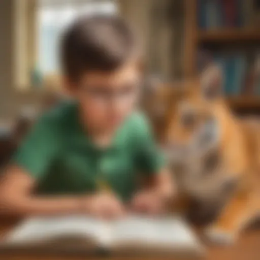 Illustration of a curious elementary school child reading a digital animal book