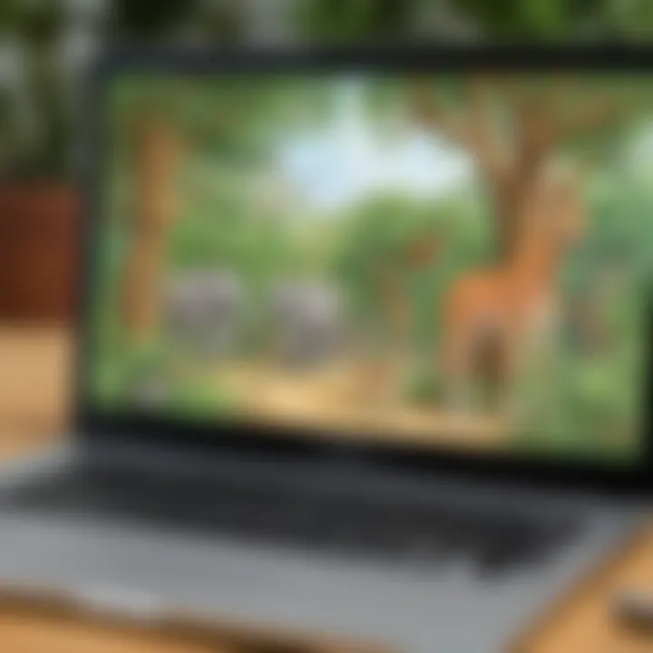 Illustration of a laptop screen displaying a virtual zoo educational platform