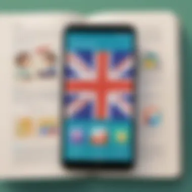A colorful interface of a popular English learning app, illustrating its features.
