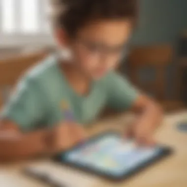 Illustration of a child solving equivalent fractions on a digital tablet