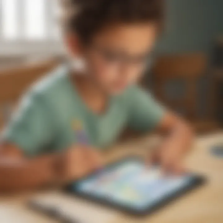 Illustration of a child solving equivalent fractions on a digital tablet