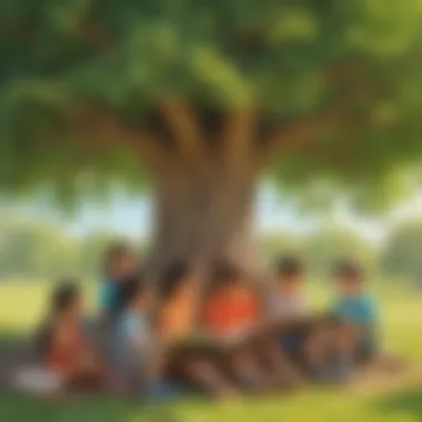 Illustration of a diverse group of children reading under a tree