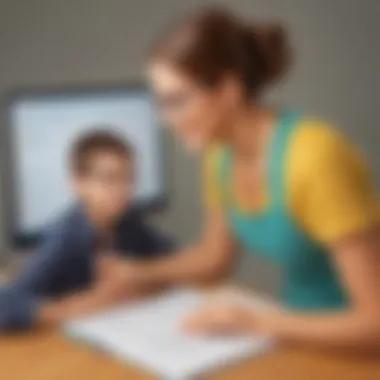 Illustration of a virtual math tutor assisting a child with multiplication drills