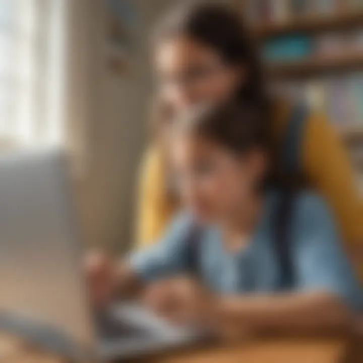 A parent assisting their child in navigating an educational website.