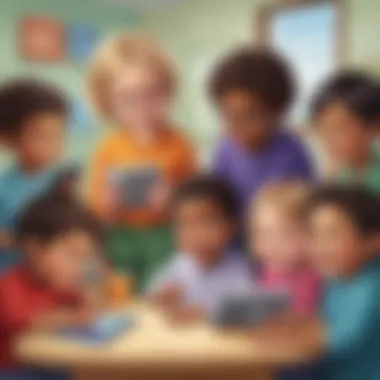 Collaborative Learning with Digital Tools Group of preschoolers using tablets for phonics education