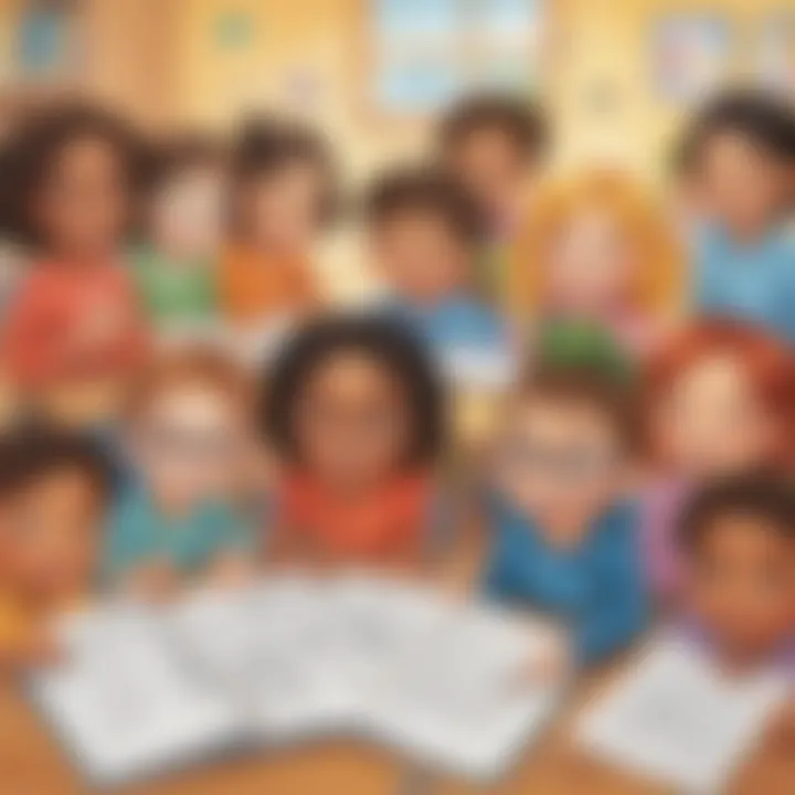 Illustration showcasing a diverse group of kindergarten students engaged in sight word activities