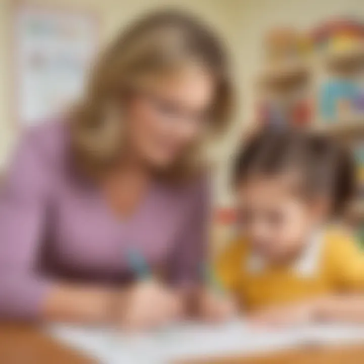 Illustration highlighting a kindergarten teacher assisting a student with sight word worksheet