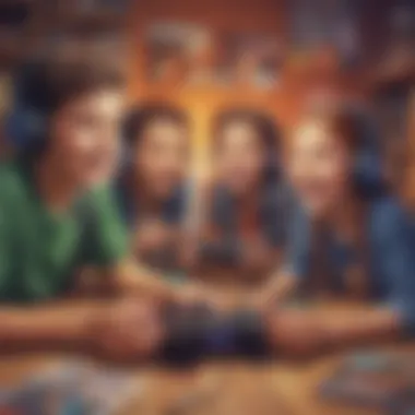 A colorful visual of children playing video games together, enjoying the experience.