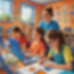 A vibrant classroom setting with children engaging in a fun online art project