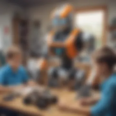 Young students building a robot