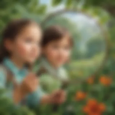 Elementary students exploring nature through a magnifying glass