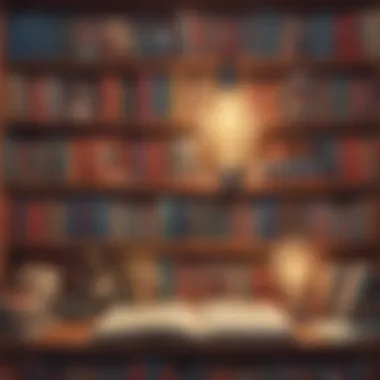 Illustration featuring a bookshelf filled with various meme books and a light bulb symbolizing knowledge