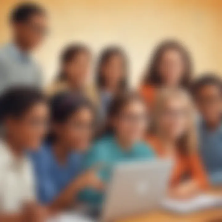 Illustration showing a group of diverse elementary school students engaging with math websites
